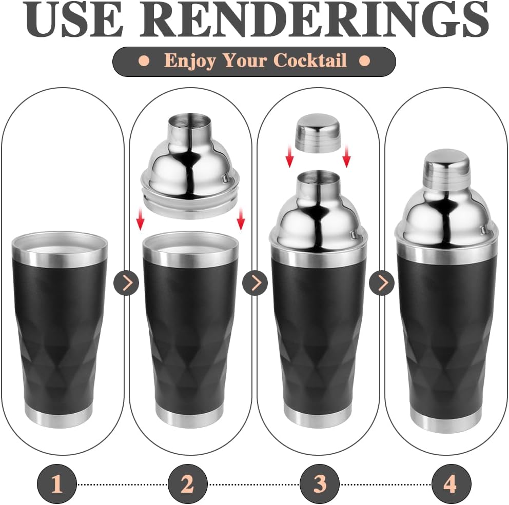 Insulated Cocktail Shaker Black -20oz Double Wall Vacuum Stainless Steel Martini Shaker with Built-in Strainer, Pro Leak-Proof Weighted Shaker for Home Bar, Premium Bar Gift Set