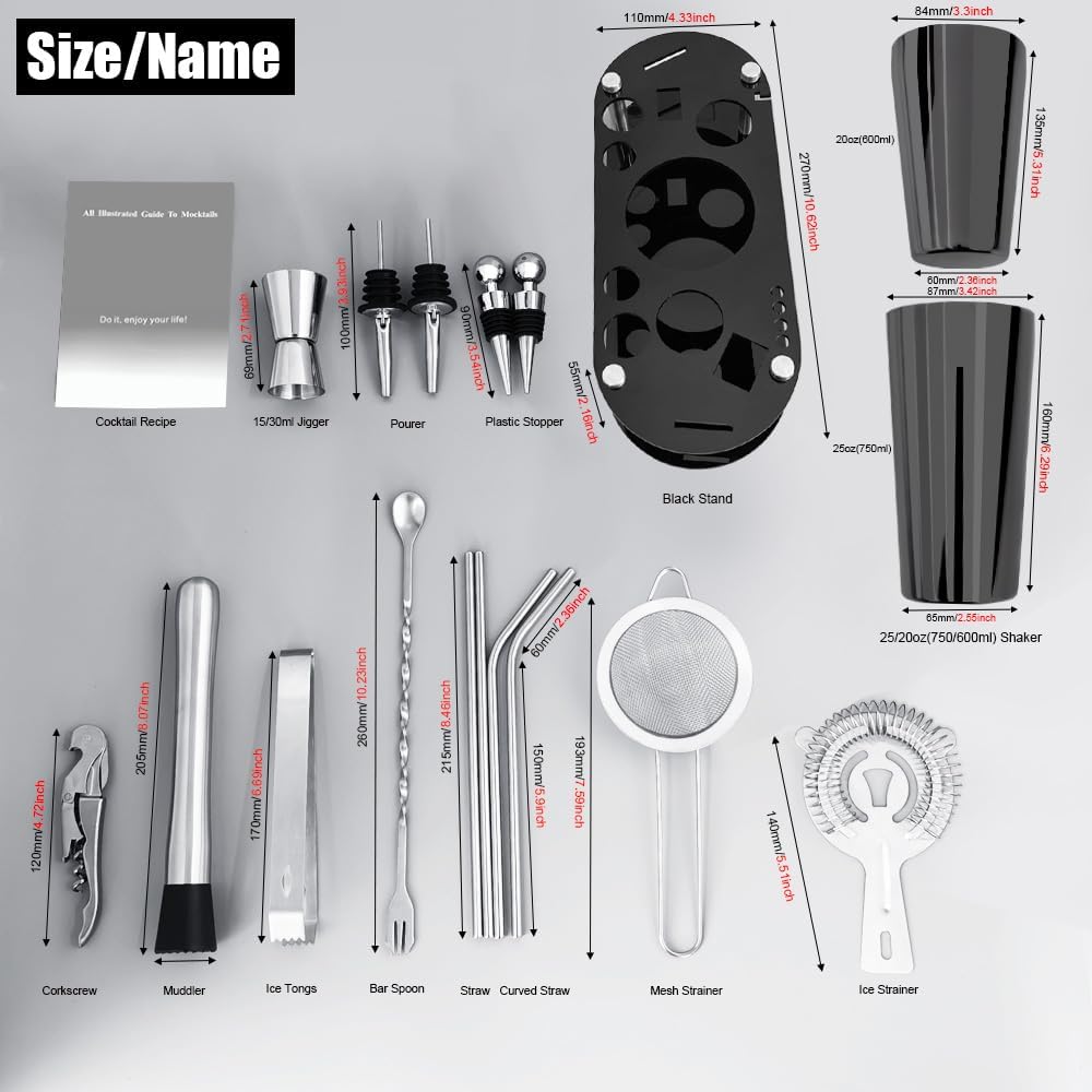Cocktail Shaker Set Bartender Kit with Stand - 16 Piece Bar Tool Set Drink Mixer Set Includes : Shakers, Jigger, Strainer, Mixer Spoon, Muddler, Liquor Pourers, Straw (Black-25/20oz)