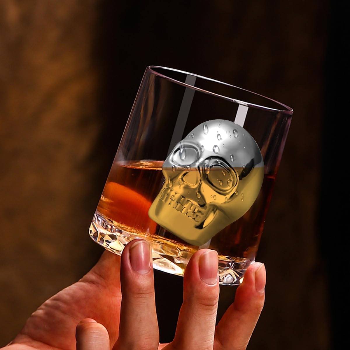 Skull Head Stainless Steel Ice Cubes Mold, Whisky Stones Stainless Steel, Set of 2 with Gift Bag, Skull Head Cooling Stones, Whiskey Stones Reusable, Bar Accessories, for Whisky, Gin, Rum, Tequila