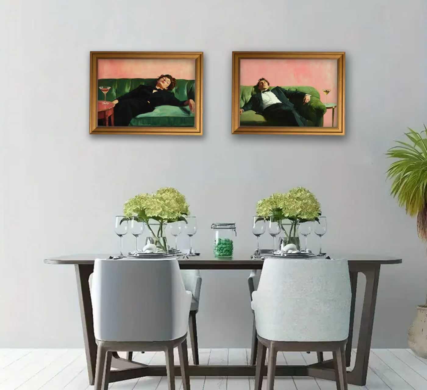 Vintage Gold Framed Bar Wall Art, Victorian Woman and Man on Couch with Martini Oil Painting Canvas Prints, Eclectic Cocktail Picture, Trendy Bar Cart Decor Poster Artwork for Kitchen Dining Room