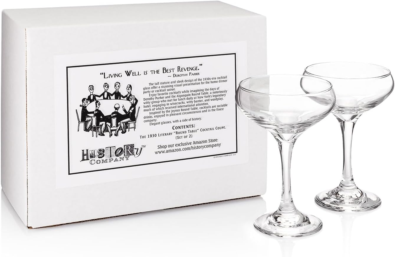 HISTORY COMPANY The 1930 Literary Round Table Cocktail Coupe – Algonquin-Inspired 2-Piece Set for Craft Cocktails & Champagne (Gift Box Collection)
