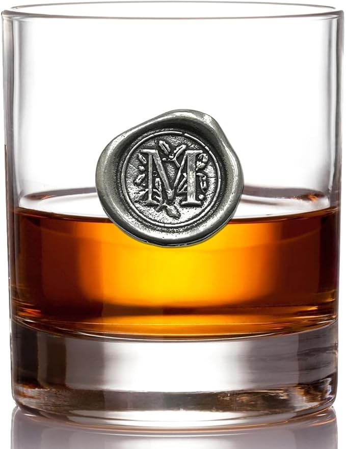 English Pewter Company 11oz Old Fashioned Whiskey Rocks Glass With Monogram Initial - Unique Gifts For Men - Personalized Gifts With Your Choice of Initial (R) MON118 - M