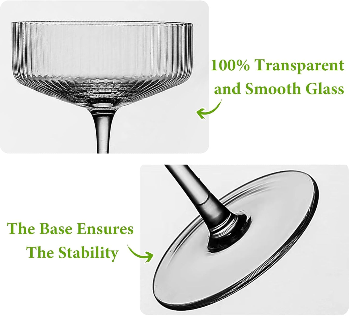 Qipecedm 4 Pcs Ribbed Coupe Glasses, 10 oz Vintage Coupe Glass Set, Unique Martini Glass, Classic Cocktail Galssware, Bar Drinking Glasses Set Pefect for Cocktail, Wine, Champagne & Gift