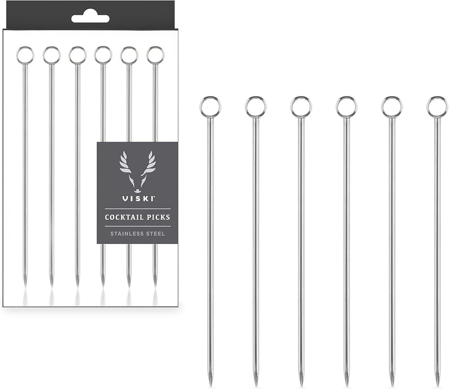 Viski Stainless Steel Cocktail Picks for Martini Olives and Cherries, Set of 6 Ring Top Metal Toothpicks for Drinks, Reusable Appetizer Skewers for Fruit and Cheese, Home Bar Accessories, 4.25”