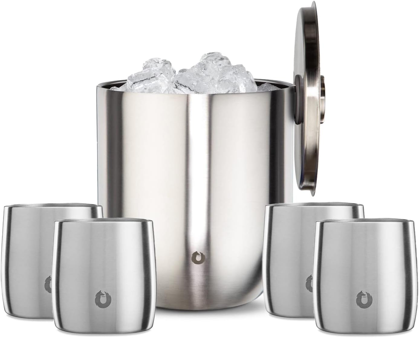 SNOWFOX Insulated Whiskey Glasses Set of 4 (11oz) & Ice Bucket with Lid /Tongs (3L), Vacuum Insulated Stainless Steel for Cold Drinks, Rocks Glasses, Old Fashioned Glass, Gift for Men, Bar Accessories