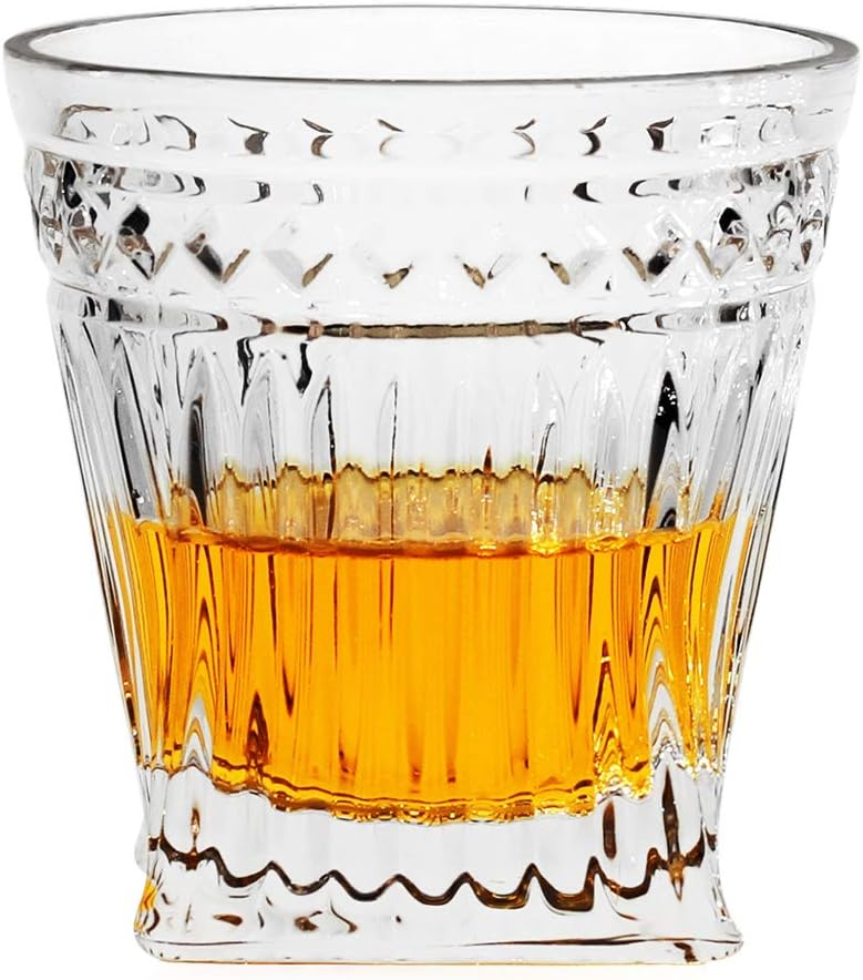 LUXU Whiskey Glasses(Set of 4)-9 oz Vertical Stripes Scotch Glasses,Premium Old Fashioned Glasses,Clear Crystal Bourbon Rock Glasses,Large Bar Glasses,Unique Glassware Tumblers for Cocktails