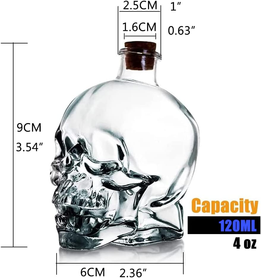 Skull Decanter Lead-free Glass 120ml Only 4 Oz CapacitySkull Prop Cute Whiskey Bottle With Cork Stopper (4oz)