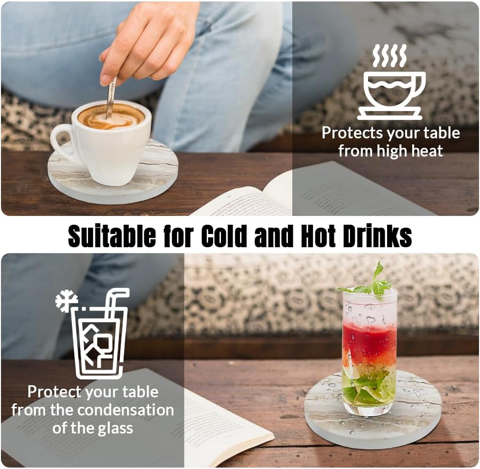 Ceramic Coasters Set of 6, Marble-Textured Design with Holder - Absorbent Cork-Backed Coasters for Cups, Bar & Coffee Table Decor Accessories (Khaki Marble, 6 Pack)