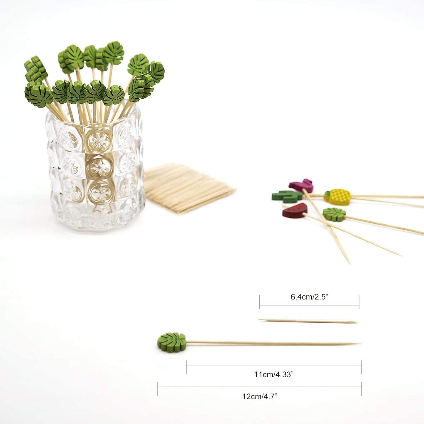 Minisland Green Monstera Leaf Cocktail Picks, 5 Inch Long Bamboo Fancy Toothpicks for Appetizers, Decorative Summer Tropical Hawaiian Party Food Drinks Garnish Fruit Skewer Sticks 100 Counts -MSL174