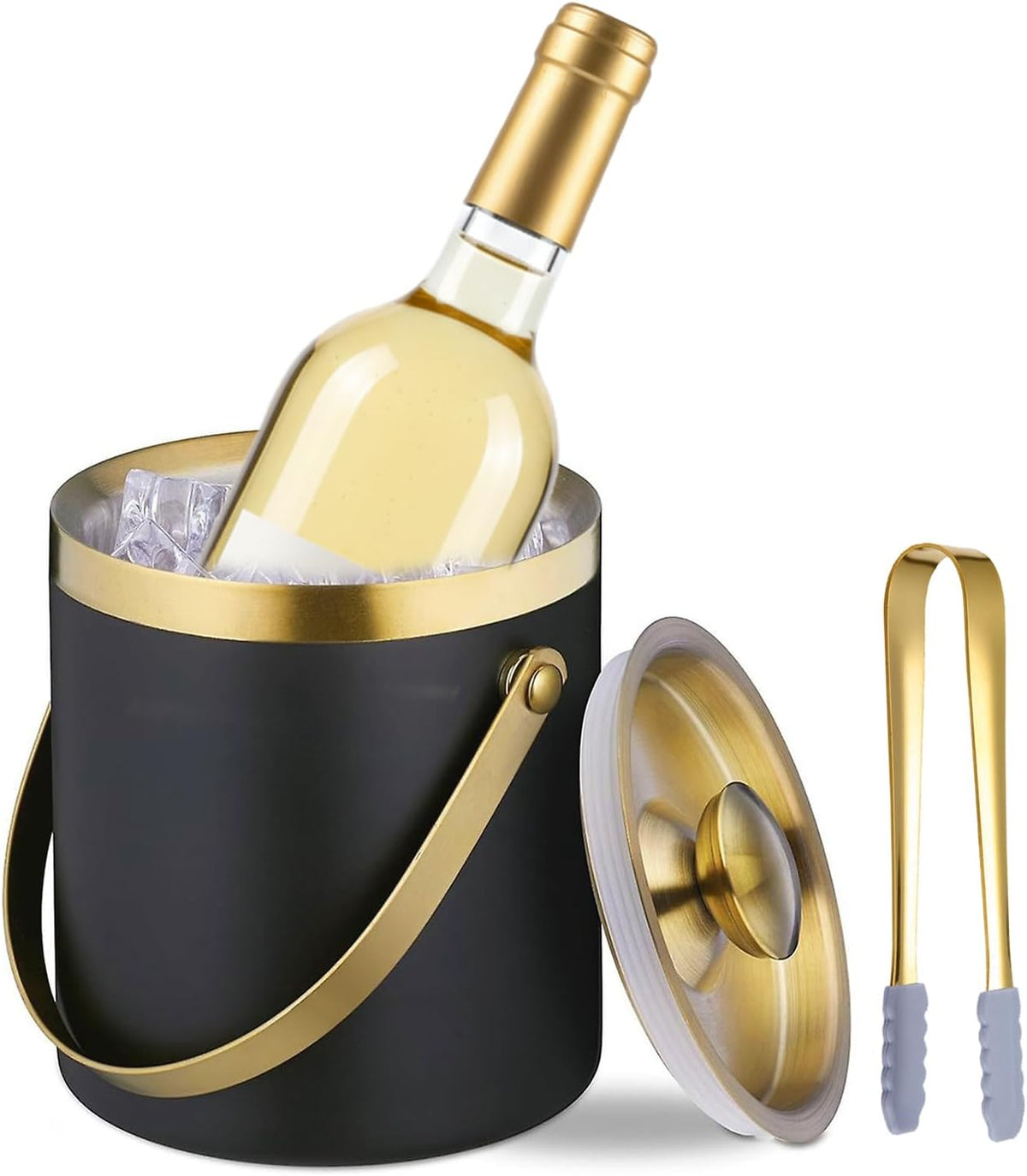 2 L Black Gold Ice Bucket with Lid, Tong & Double-Wall Design - 2L Black