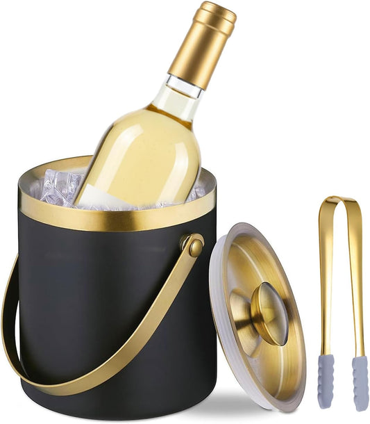 2 L Black Gold Ice Bucket with Lid, Tong & Double-Wall Design - 2L Black
