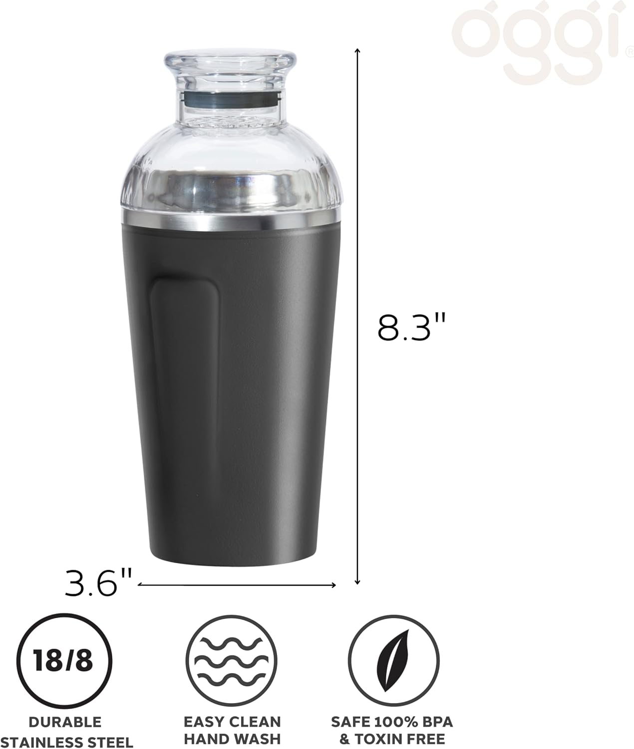 OGGI Groove Insulated Cocktail Shaker-17oz Double Wall Vacuum Insulated Stainless Steel, Tritan Lid has Built In Strainer, Ideal Cocktail Mixer, Martini Shaker, Margarita Shaker, Black