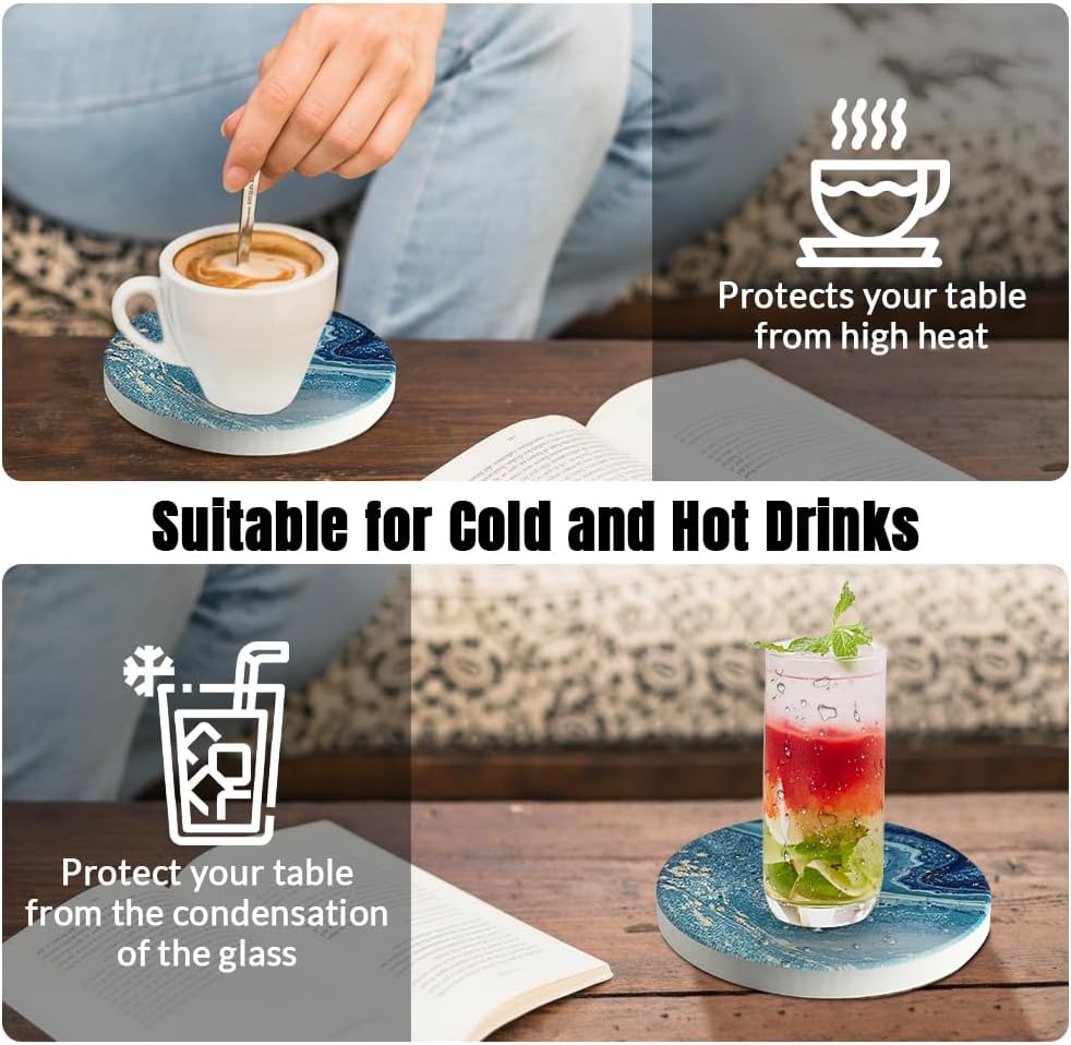 Ceramic Coasters Set of 6, Marble-Textured Design with Holder - Absorbent Cork-Backed Coasters for Cups, Bar & Coffee Table Decor Accessories (Blue Ocean, 6 Pack)
