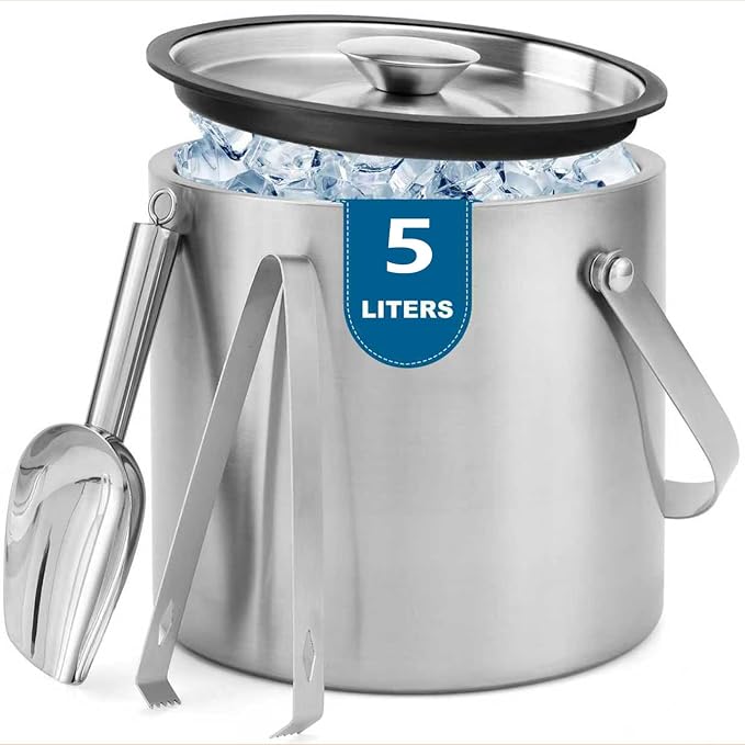 3L Double-Wall Stainless Steel Ice Bucket with Lid,Scoop,Tongs,Handle - 5L