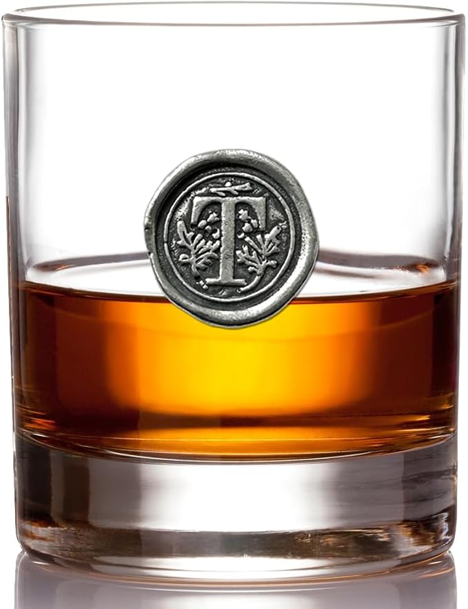 English Pewter Company 11oz Old Fashioned Whiskey Rocks Glass With Monogram Initial - Unique Gifts For Men - Personalized Gifts With Your Choice of Initial (R) MON118 - T
