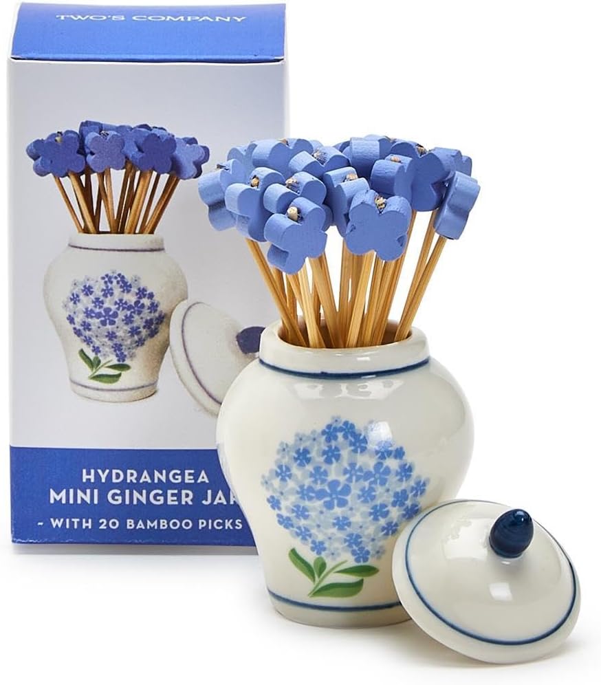 Hydrangea Ginger Jar & Bamboo Cocktail Picks Set - Elegant Ceramic Decor Piece with 20 Eco-Friendly Picks for Entertaining