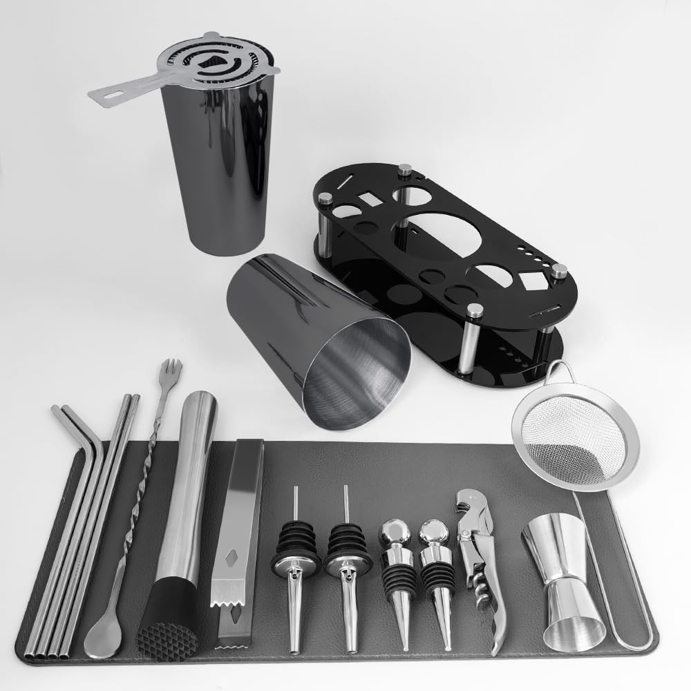 Cocktail Shaker Set Bartender Kit with Stand - 16 Piece Bar Tool Set Drink Mixer Set Includes : Shakers, Jigger, Strainer, Mixer Spoon, Muddler, Liquor Pourers, Straw (Black-25/20oz)