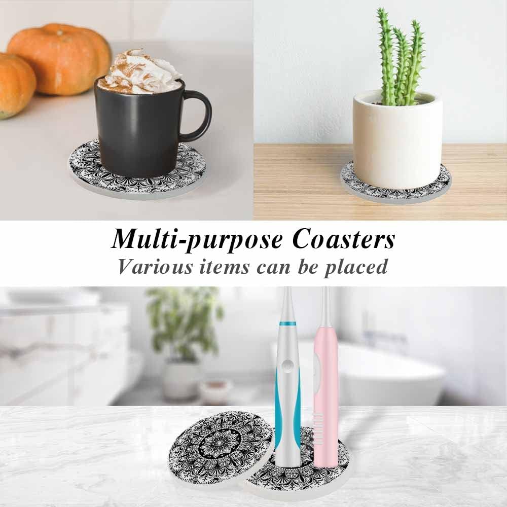 oFloral Flower Black Coasters for Drinks Mandala Vintage Ethnic Features Cups Place Mats for Home Decor Set of 2, 4 Inch