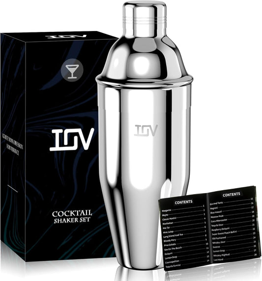 IOV Cocktail Shaker, 24 oz Martini Shaker, Drink Mixer with Built-in Strainer, Professional Stainless Steel Margarita Alcohol Shakers with Cocktail Recipe Guide, Bartender Kit Gifts