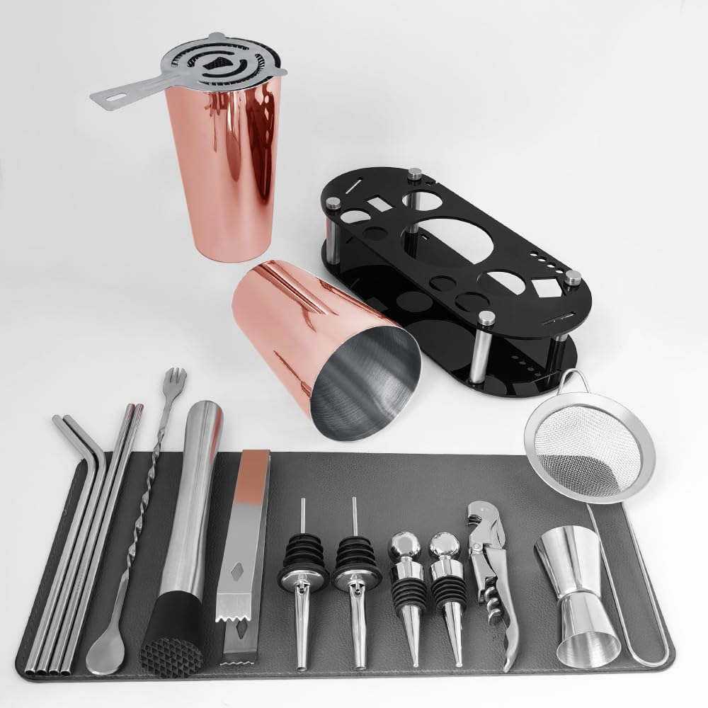 Cocktail Shaker Set Bartender Kit with Stand - 16 Piece Bar Tool Set Drink Mixer Set Includes : Shakers, Jigger, Strainer, Mixer Spoon, Muddler, Liquor Pourers, Straw (Rose Gold-25/20oz)