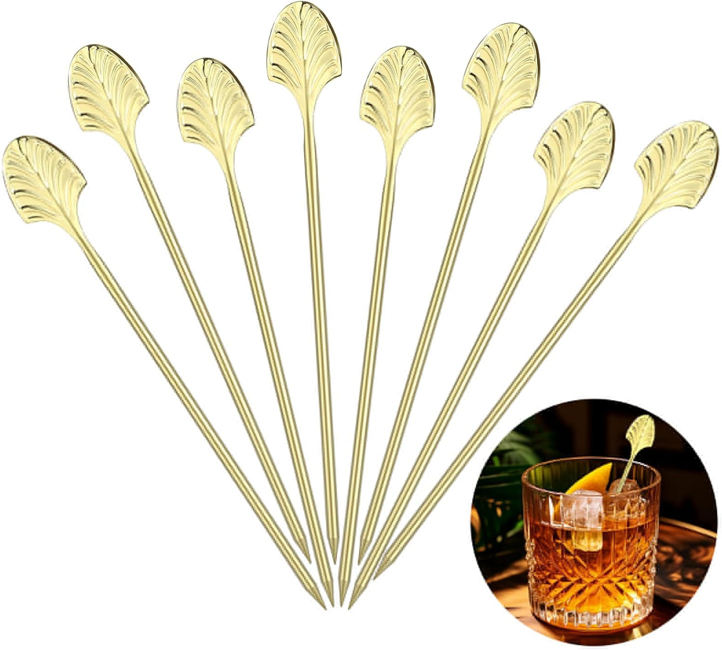 Chengu 8 Pcs Gold Art Deco Cocktail Picks 5 Inch Stainless Steel Cocktail Skewers for Drinks Martini Sticks for Barware Accessories, Dinner Party, Movie Night
