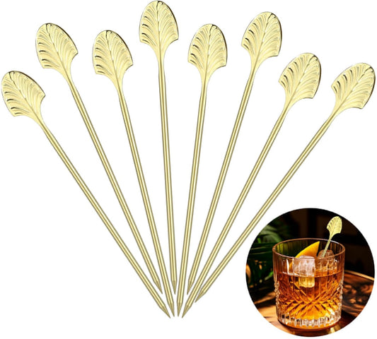 Chengu 8 Pcs Gold Art Deco Cocktail Picks 5 Inch Stainless Steel Cocktail Skewers for Drinks Martini Sticks for Barware Accessories, Dinner Party, Movie Night