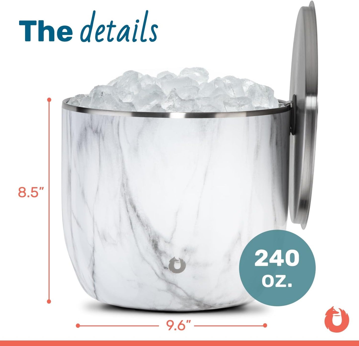 Snowfox XL - Insulated Ice Bucket with Lid/Scoops, Premium Vacuum Insulated Stainless Steel Ice Buckets for Parties, Ice Box, Home Bar Accessories, Parties Supplies, Bar Decor, 7L, Marble