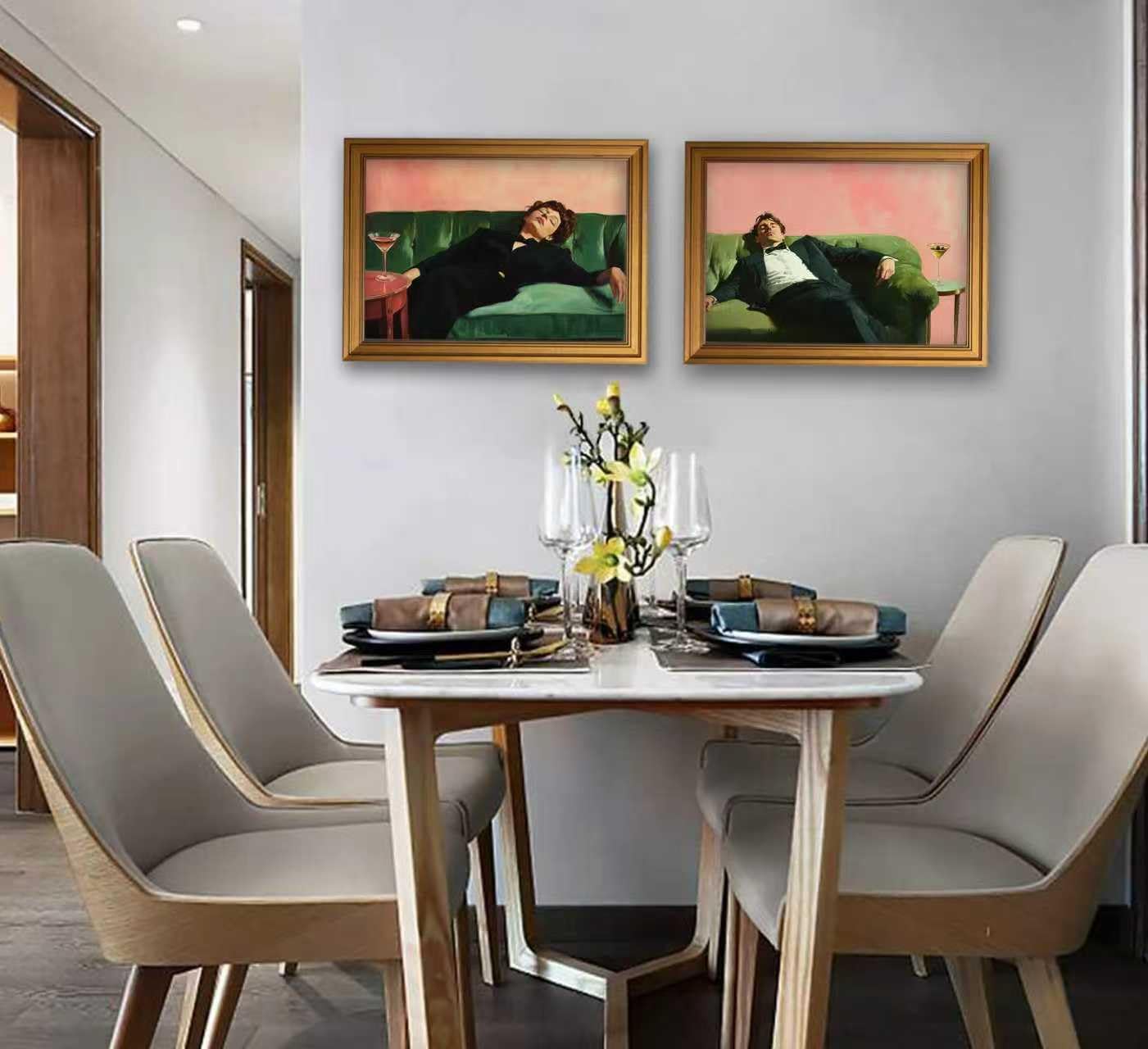 Vintage Gold Framed Bar Wall Art, Victorian Woman and Man on Couch with Martini Oil Painting Canvas Prints, Eclectic Cocktail Picture, Trendy Bar Cart Decor Poster Artwork for Kitchen Dining Room