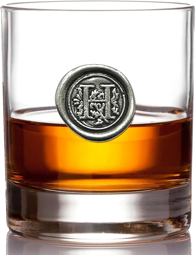 English Pewter Company 11oz Old Fashioned Whiskey Rocks Glass With Monogram Initial - Unique Gifts For Men - Personalized Gifts With Your Choice of Initial (R) MON118 - H