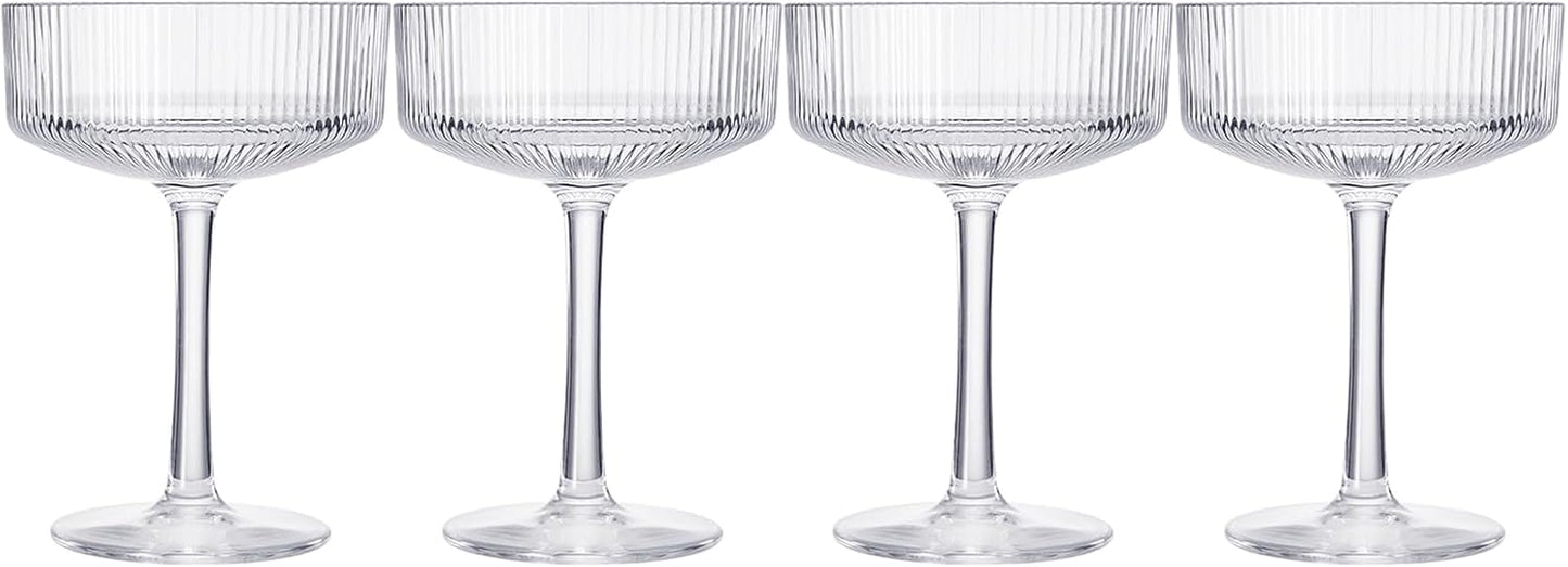 Khen Vintage Art Deco Shatterproof Coupe Martini, Champagne & Cocktail Glasses | Set of 4 | Acrylic Ribbed Glasses 8 oz Ripple Glassware Classic Cocktail Glassware Indoor & Outdoor, European Design