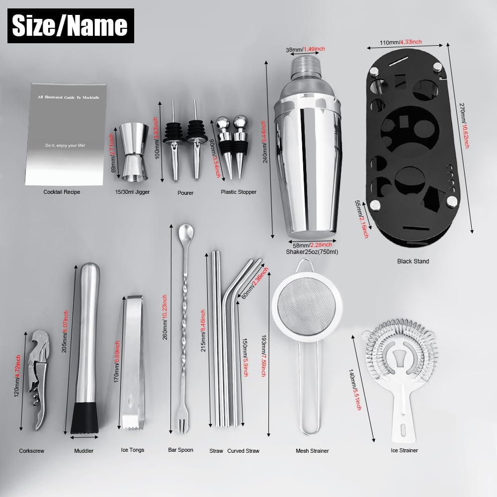 Cocktail Shaker Set Bartender Kit with Stand - 16 Piece Bar Tool Set Drink Mixer Set Includes : 25oz Shakers, Jigger, Strainer, Mixer Spoon, Muddler, Liquor Pourers, Straw (Silver)