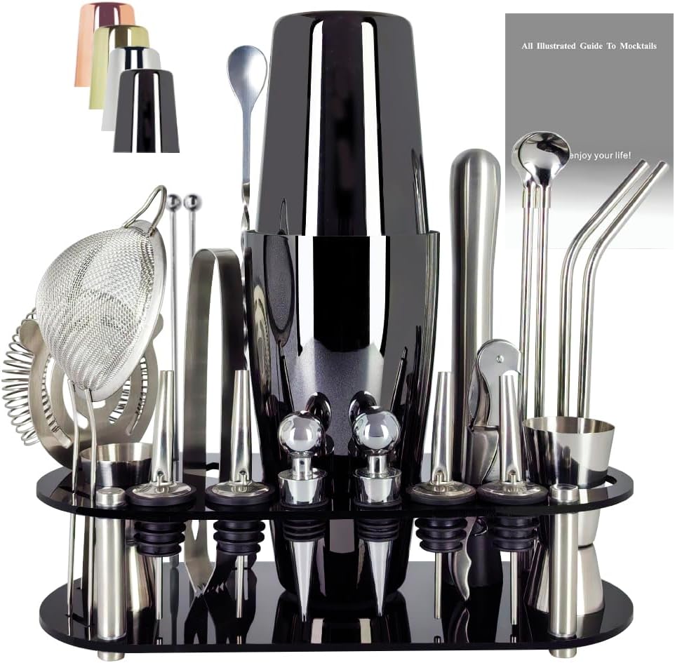 22-Piece Cocktail Shaker Set, 25/20oz Bartender Kit, Bartending Stainless Steel Bar Tools Sets for Drink Mixing, Boston Cocktail Shakers with Stand Recipes Booklet (Black-25-20oz) - Black-25-20oz