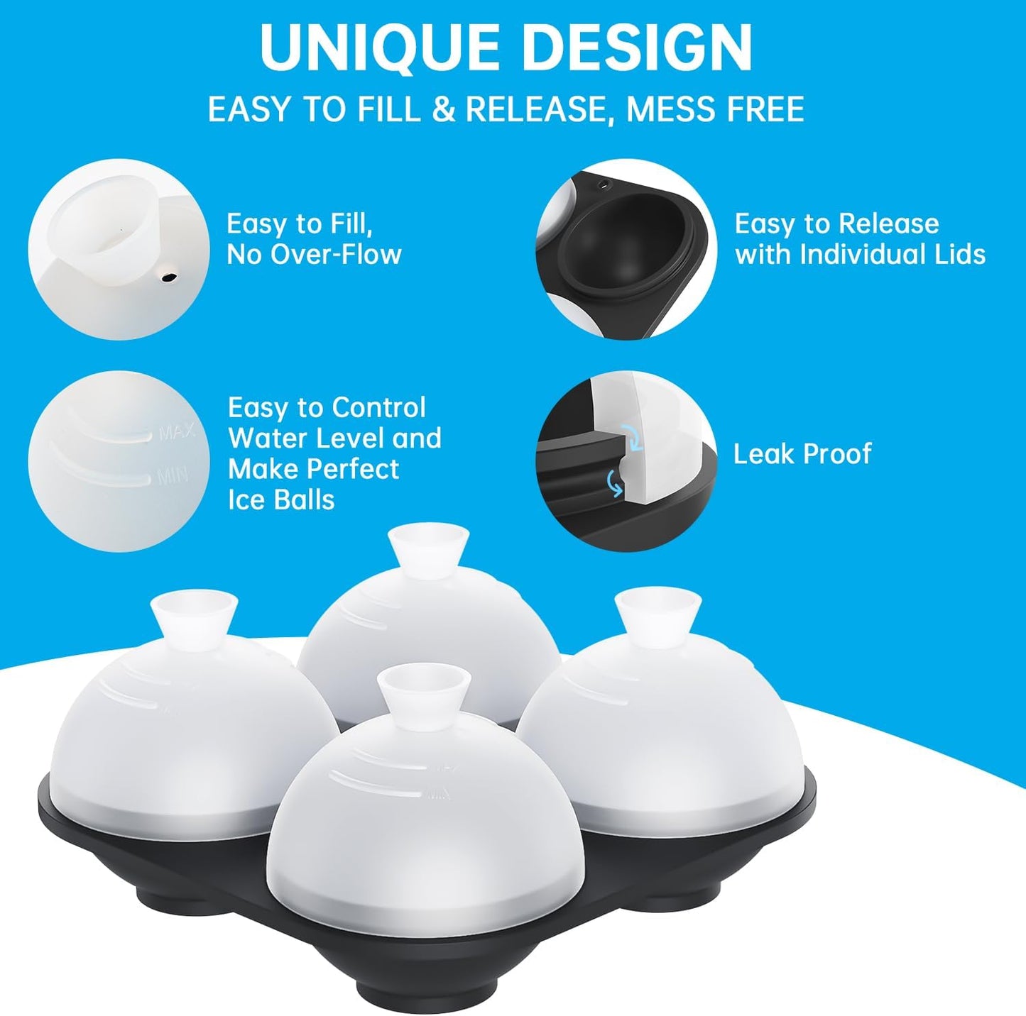 HONYAO Silicone Whiskey Ice Ball Mold - 2.4 Inch Large Ice Cube Trays Molds Silicone with Lids - Ice Sphere Maker for Cocktails, Bourbon, Rum - 2 x 4 Iceballs