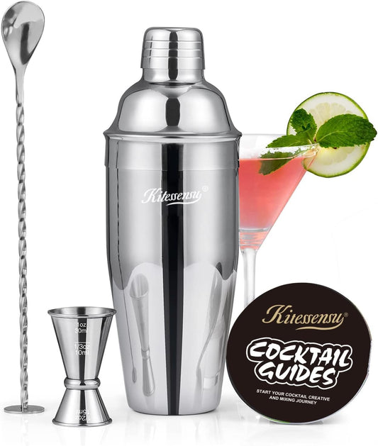 Cocktail Shaker, KITESSENSU 24oz Drink Shaker with Bartender Strainer, Measuring Jigger, Bar Mixing Spoon, Cocktail Recipe Guide, Professional Drink Mixer Set for Beginners, Silver - Silver - Cobbler 3