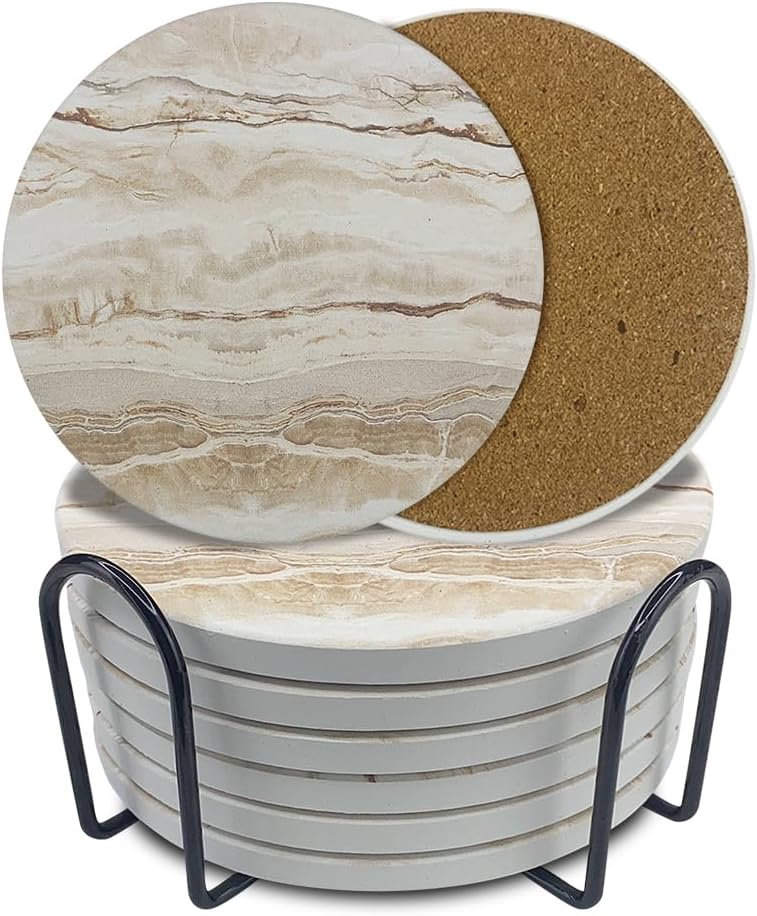 Ceramic Coasters Set of 6, Marble-Textured Design with Holder - Absorbent Cork-Backed Coasters for Cups, Bar & Coffee Table Decor Accessories (Khaki Marble, 6 Pack) - Khaki Marble / 6 Pack