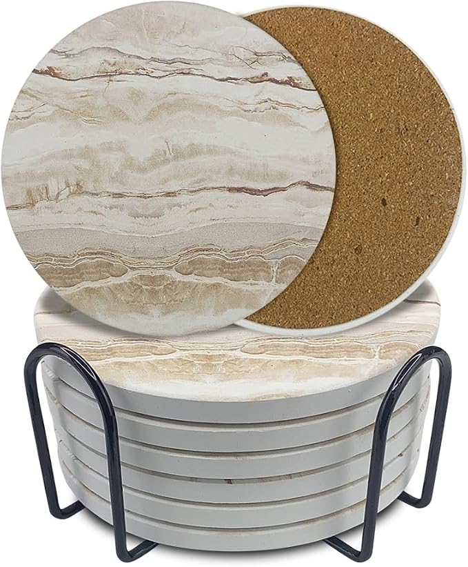 Ceramic Coasters Set of 6, Marble-Textured Design with Holder - Absorbent Cork-Backed Coasters for Cups, Bar & Coffee Table Decor Accessories (Khaki Marble, 6 Pack) - B0G5176CFX