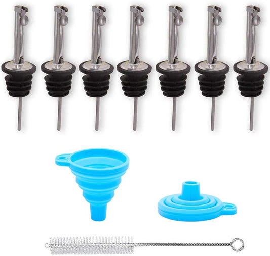7-Piece Stainless Steel Flip Top Oil Pour Spouts with Funnel - Leakproof Speed Pourer Nozzles for 3/4" Bottles | Universal for Olive Oil, Vinegar & Liquor