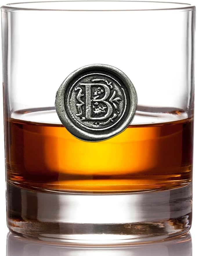 English Pewter Company 11oz Old Fashioned Whiskey Rocks Glass With Monogram Initial - Unique Gifts For Men - Personalized Gifts With Your Choice of Initial (R) MON118 - B