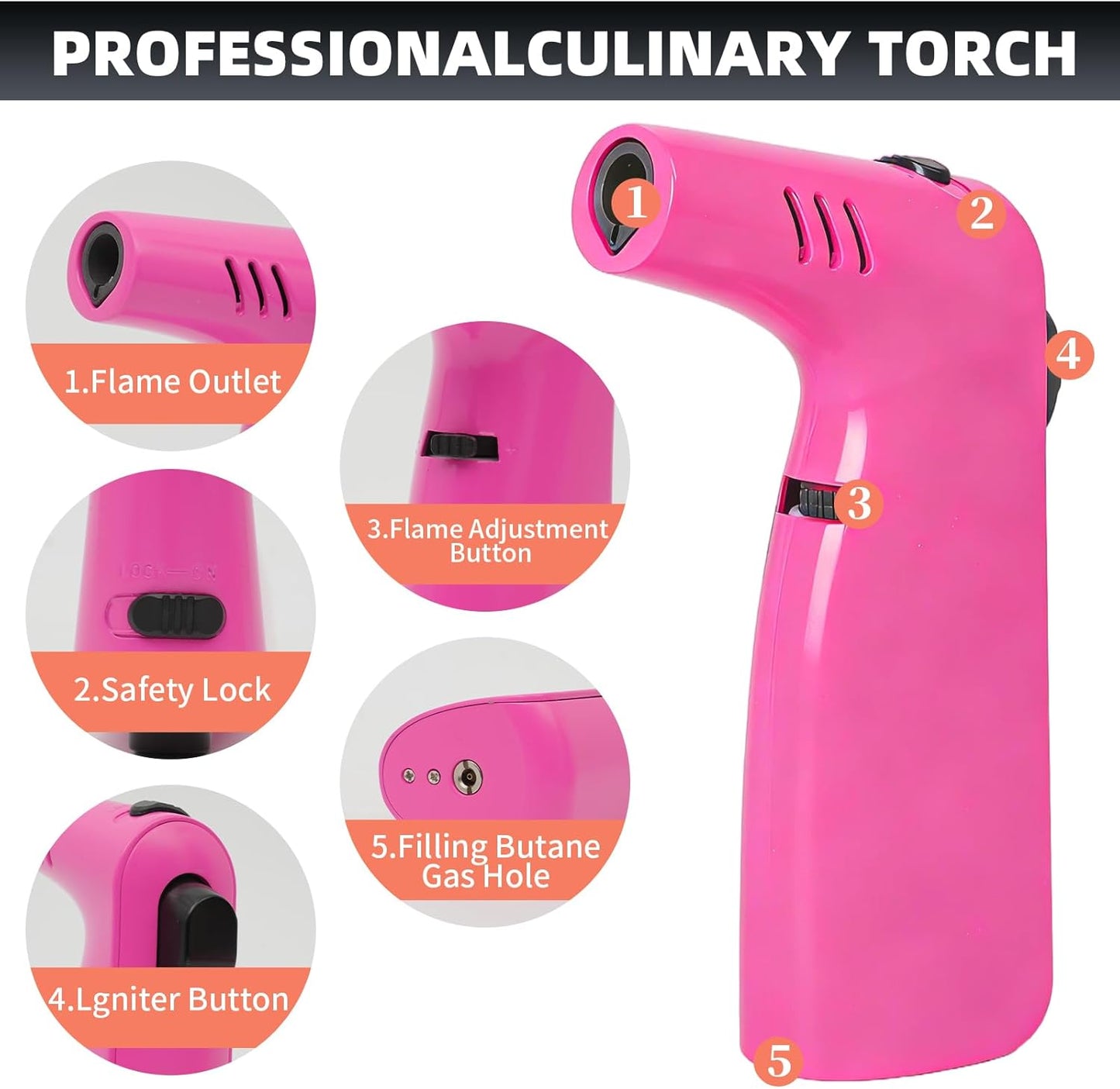 Butane Torch,Refillable Blow Torch for Cooking,Adjustable Flame Creme Brulee Torch,Safety Lock for Cooking,Butane Gas not Included (PINK)