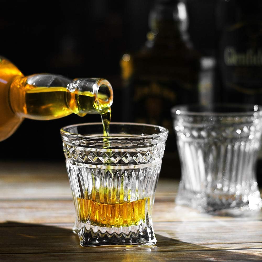 LUXU Whiskey Glasses(Set of 4)-9 oz Vertical Stripes Scotch Glasses,Premium Old Fashioned Glasses,Clear Crystal Bourbon Rock Glasses,Large Bar Glasses,Unique Glassware Tumblers for Cocktails