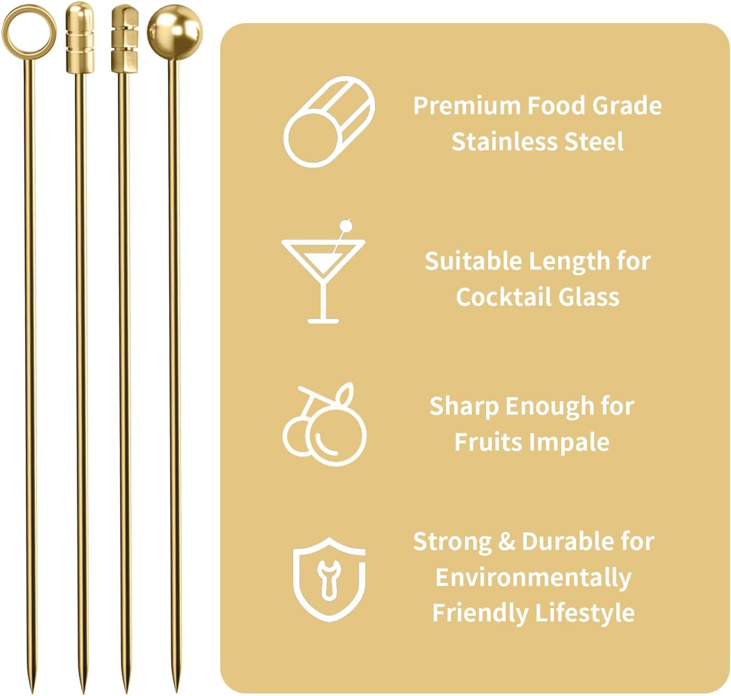 Metal Cocktail Picks 12Pack+Holder Kit, 304 Stainless Steel Toothpicks, Reusable Cocktail Skewers, Garnish Picks Bloody Mary Skewers, Martini Picks for Olives Appetizers Fruit (Mix Gold)