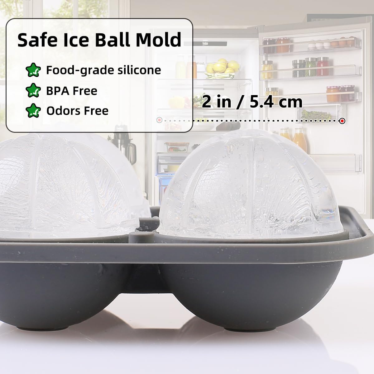 Ice Ball Mold, Large Basketball Shaped Silicone Round Ice Cube Tray with Funnel Lid for Freezer, 4 Cavities Big Sphere Ice Molds for Whiskey/Cocktail/Fruit Drinks/Ice Cream/Wax Melt/Candle