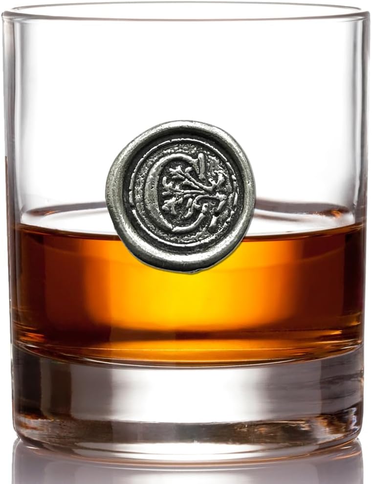 English Pewter Company 11oz Old Fashioned Whiskey Rocks Glass With Monogram Initial - Unique Gifts For Men - Personalized Gifts With Your Choice of Initial (R) MON118 - C
