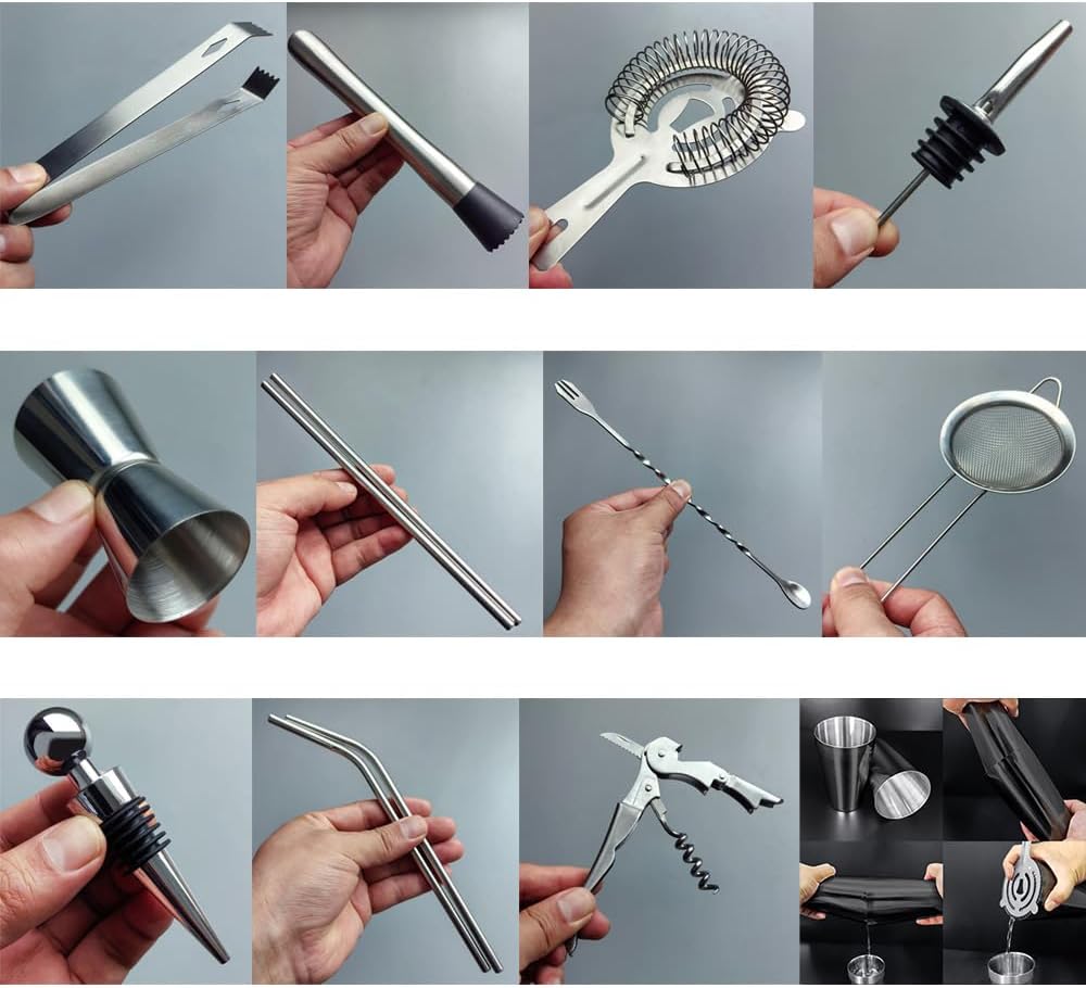 Cocktail Shaker Set Bartender Kit with Stand - 16 Piece Bar Tool Set Drink Mixer Set Includes : Shakers, Jigger, Strainer, Mixer Spoon, Muddler, Liquor Pourers, Straw (Black-25/20oz)