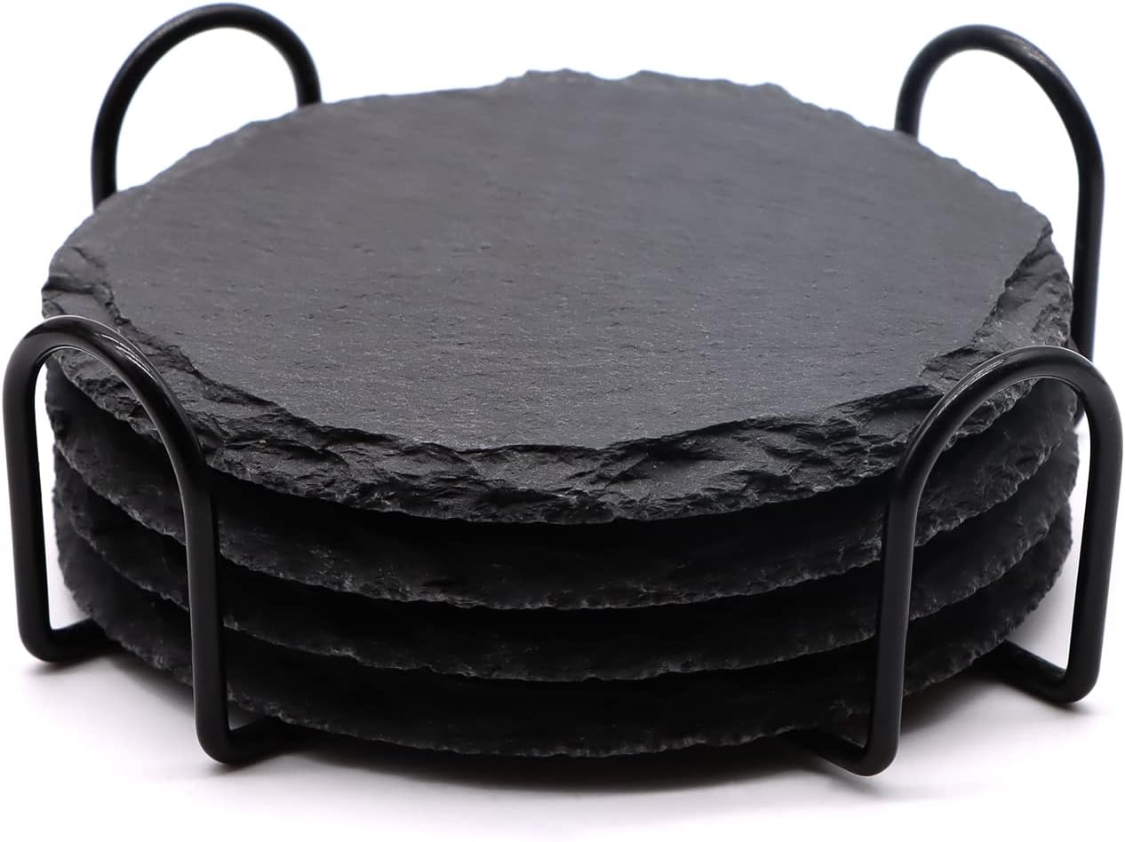 4 PCS Round Slate Drink Coasters Set, SIJDIEE 4 Inch Laser Engraving Black Slate Stone Coasters with Anti-Scratch Bottom and Coaster Holder for Office Bar Kitchen Home Dinner Table Decor Supplies