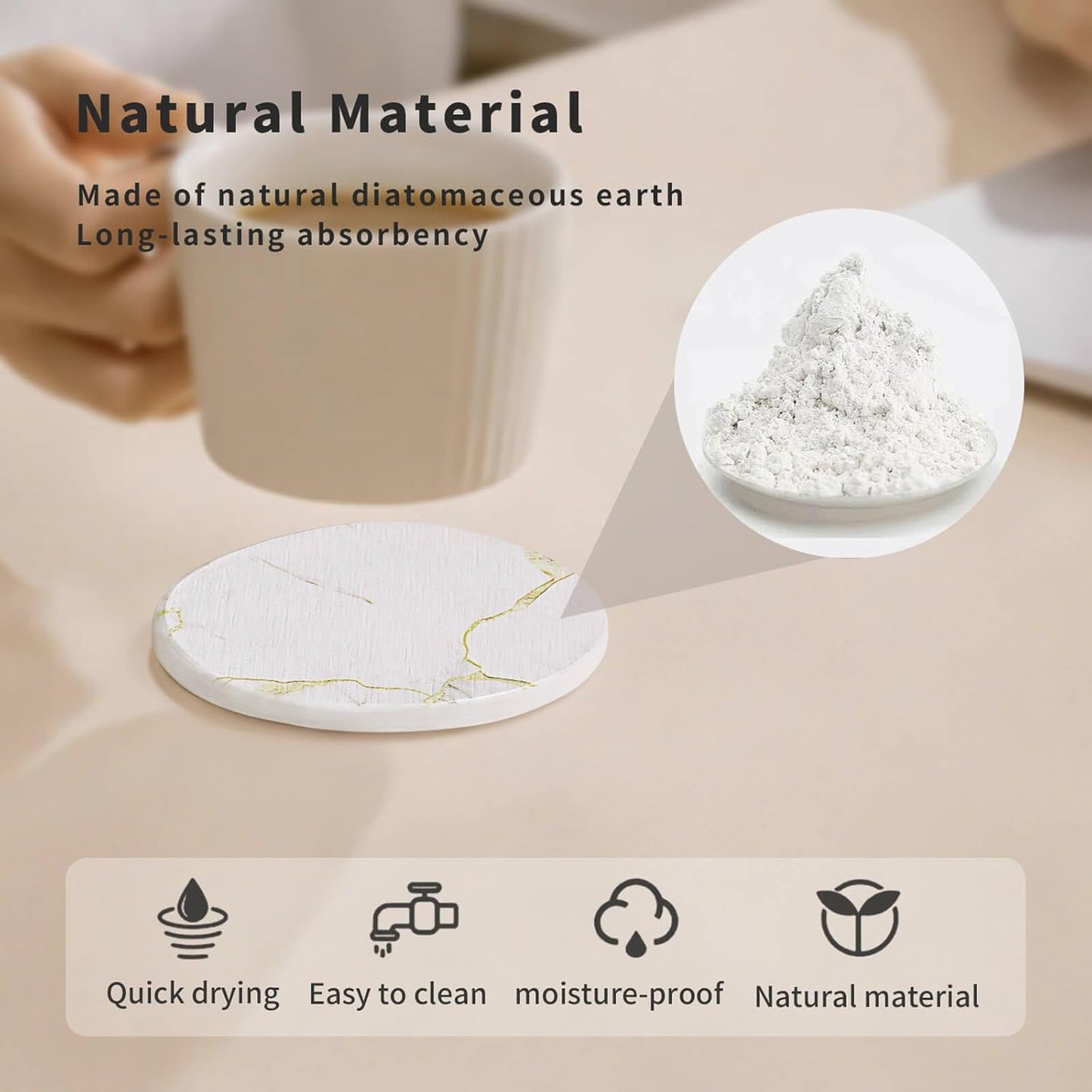 Diatomaceous Earth Coasters Set of 4，Super Absorbent Quick-Dry Heat-Resistant Drink and Coffee Coasters, Modern Stone Irregular Design for Kitchen Counter and Coffee Table (White Coaster)