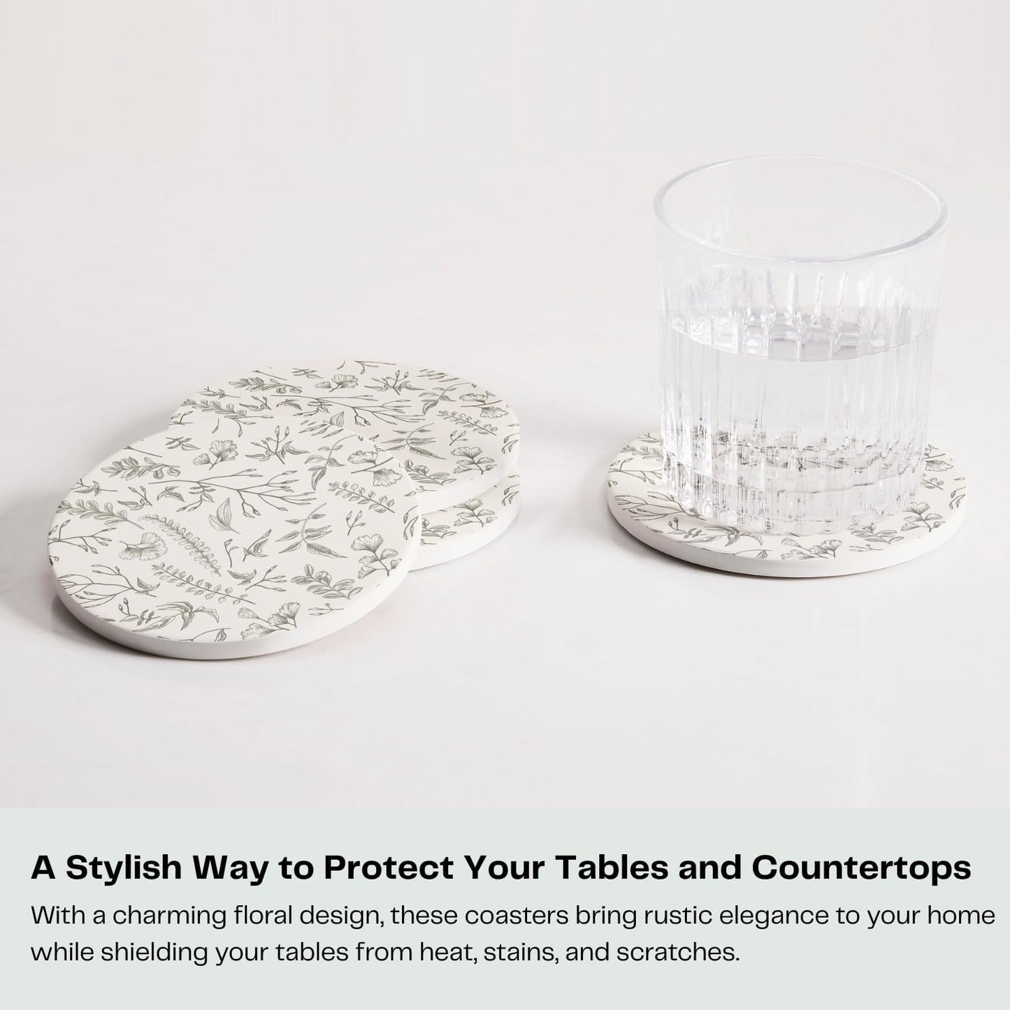 Set of 6 Floral Ivory and Gray Coasters with Holder, Absorbent Ceramic Drink Coasters with Cork Backing for Table Protection, Coffee Table Décor