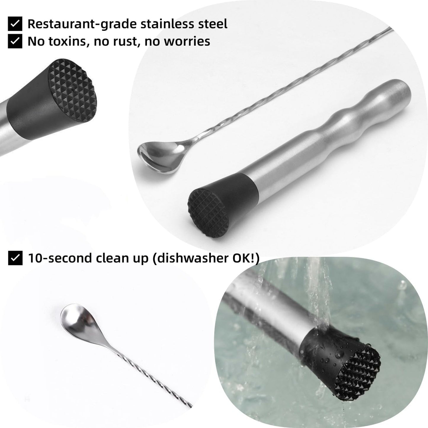 Stainless Steel Cocktail Muddler & Long Handle Stirring Spoon 2-Piece Set - Professional Bartender Tools for Mojitos, Fruit Drinks & Cocktail Mixing