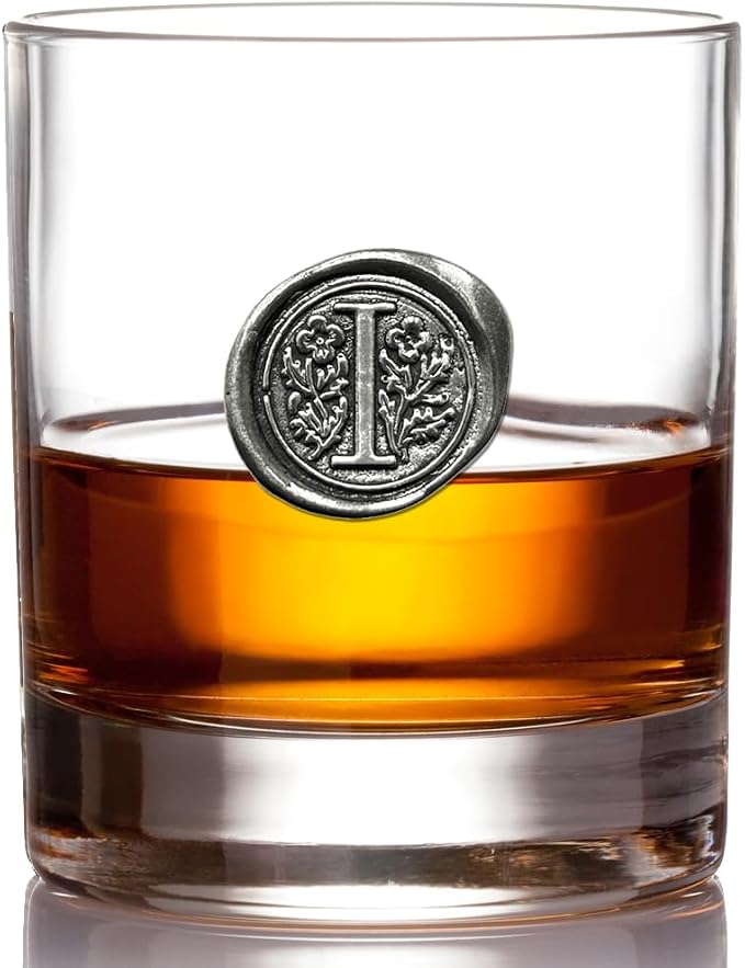 English Pewter Company 11oz Old Fashioned Whiskey Rocks Glass With Monogram Initial - Unique Gifts For Men - Personalized Gifts With Your Choice of Initial (R) MON118 - I