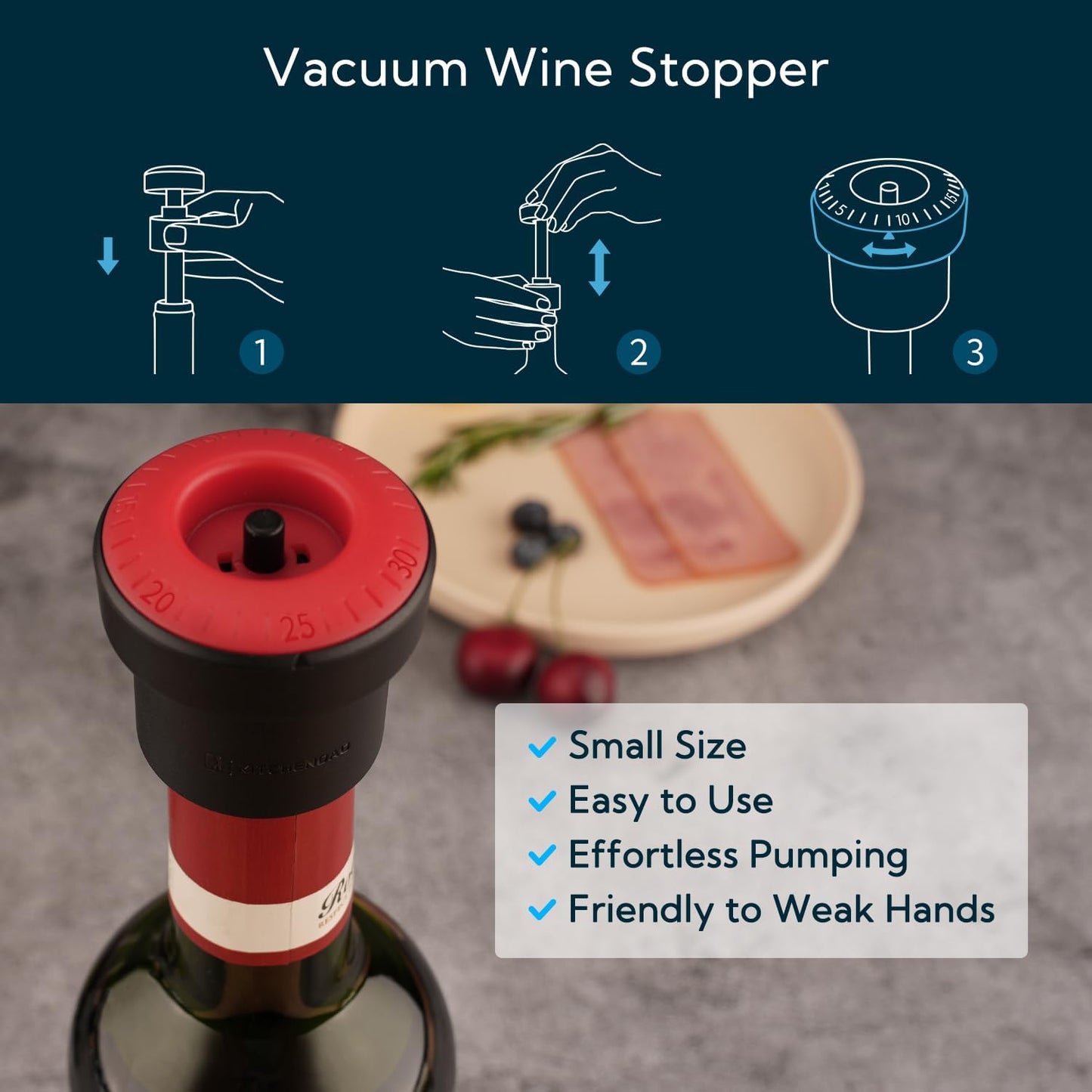 KITCHENDAO 2-in-1 Vacuum Wine Stopper, Built-in Wine Saver Pump with Date Marker, Wine Sealer Corks to Keep Fresh, Reusable Wine Preserver, Easy to Release, Set of 2